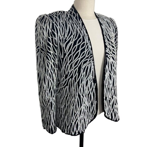 Vintage Nipon Night Sequin Jacket Womens Medium Black White Wedding Evening - Picture 6 of 11